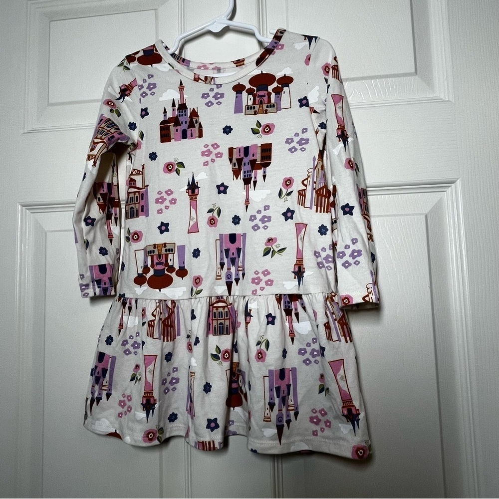 Disney Kids Dress with Castle and Floral Design - White and Purple Size 3T